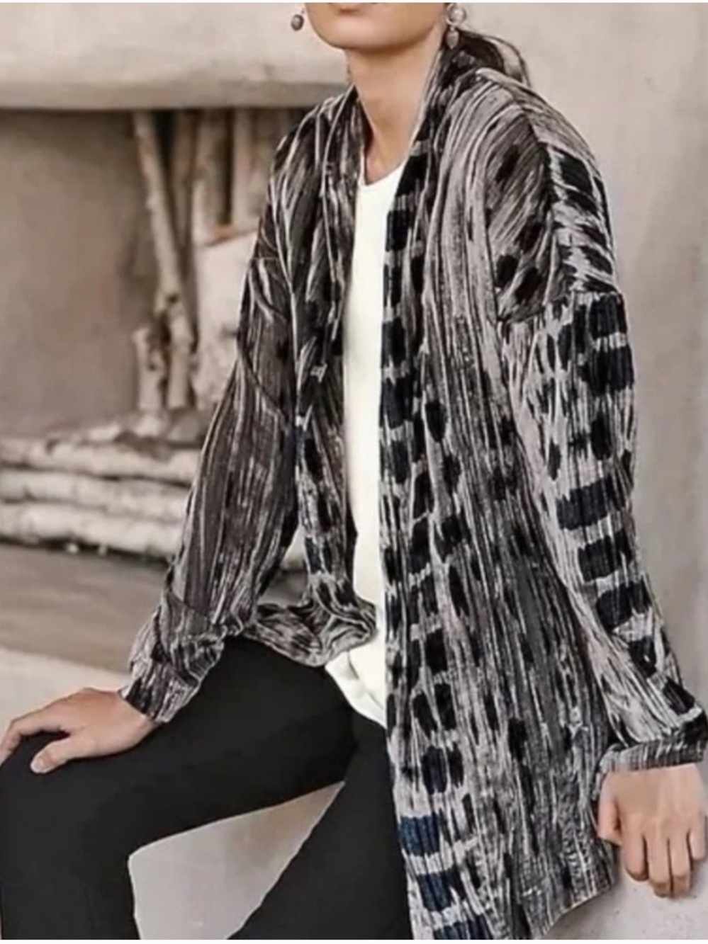 J Jill Pure Jill Shibori Print Tie Dye Velvet Open Front Jacket Medium Gray Blue